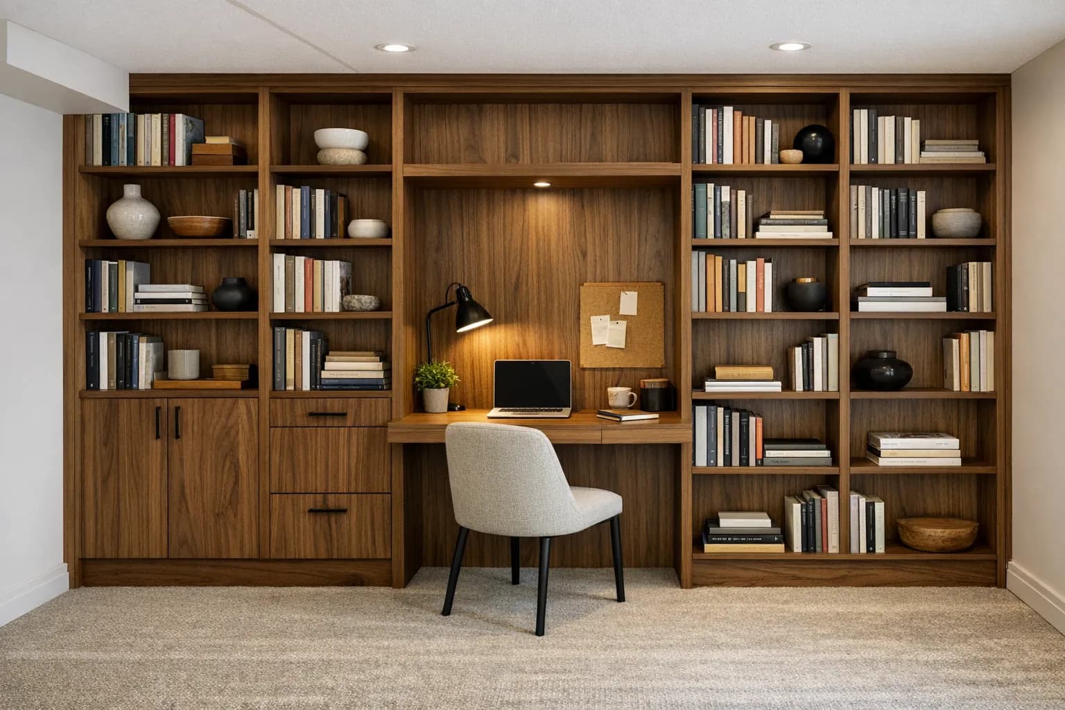 Bibliothèque murale et bureau intégré sur mesure