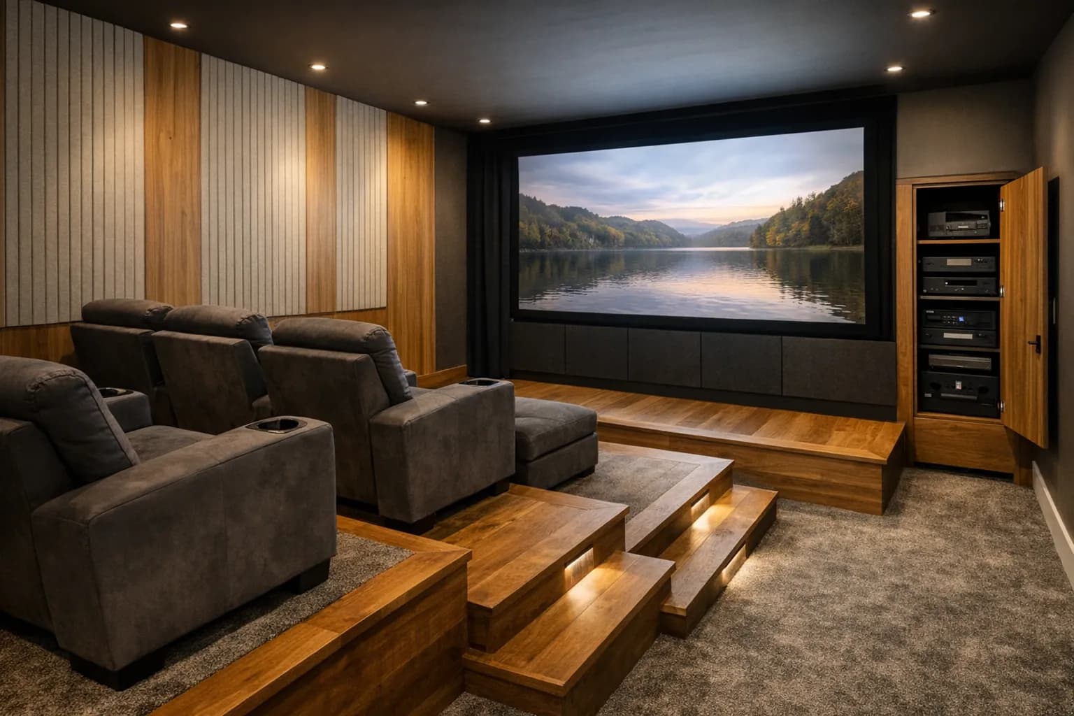 Salle de cinéma maison sur mesure dans un sous-sol