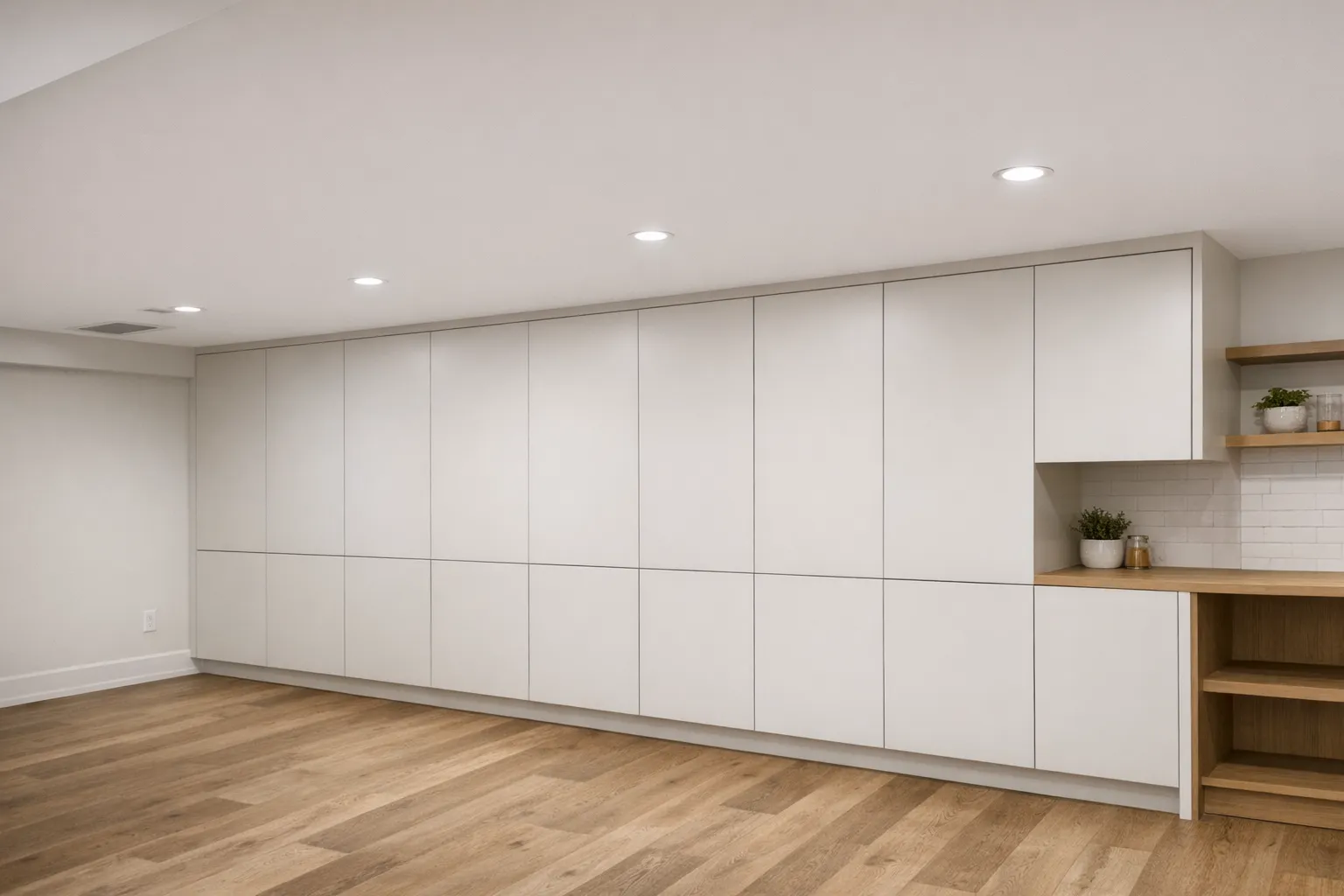 Rangement fermé sur mesure le long d'un mur de sous-sol